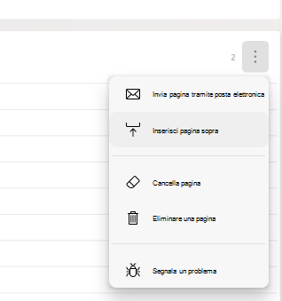 Acquisizione parziale di una pagina di Microsoft Journal che mostra il menu della pagina aperto.