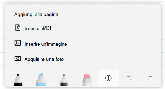 Cattura di schermata della barra degli strumenti input penna con il menu Inserisci esteso.