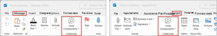 Barra multifunzione di Outlook con il pulsante Componenti Loop evidenziato nel gruppo Collabora nella scheda Messaggio e nella scheda Inserisci del calendario