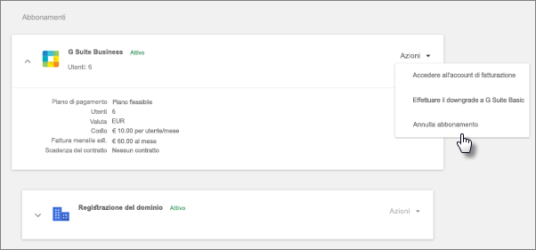 Negli abbonamenti scegli G Suite, Azioni e quindi Annulla abbonamento.