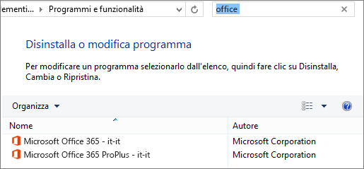 Mostra due copie di Office installate nel Pannello di controllo