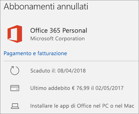 Mostra un abbonamento a Office 365 scaduto