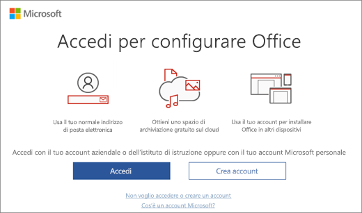 Mostra la pagina Accedi per configurare Office che può essere visualizzata dopo l'installazione di Office