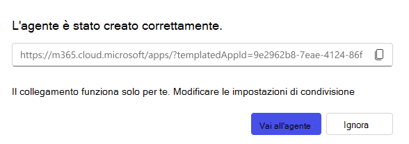 Screenshot dell'opzione di condivisione disponibile per la creazione di un agente