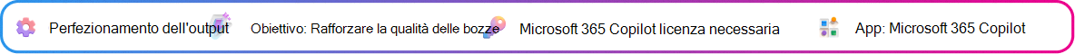 Scheda contestuale di perfezionamento dell'output incentrata sul miglioramento di una bozza di proposta generata da Copilot. Obiettivo: Perfezionare il progetto di proposta. Microsoft 365 Copilot licenza necessaria. App: Microsoft 365 Copilot.