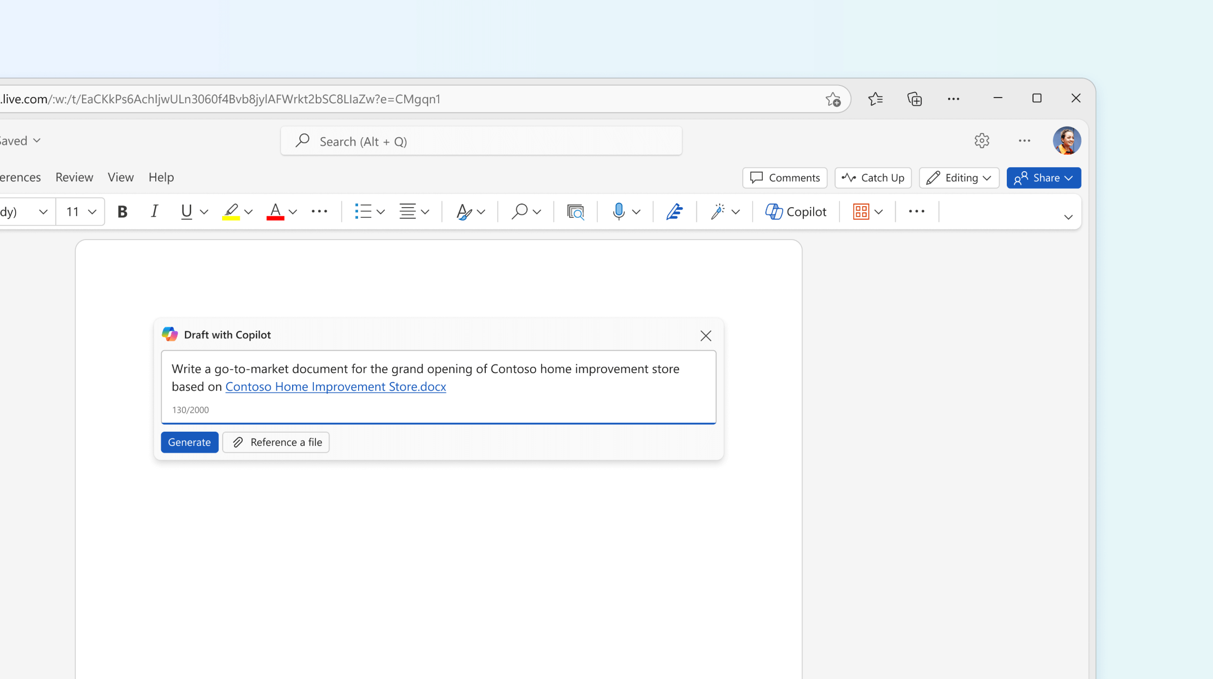 Screenshot che mostra una Bozza con Copilot in Word.
