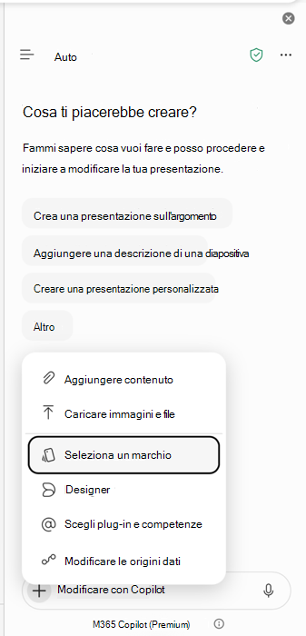 Screenshot che mostra il punto di ingresso Seleziona marchio in PowerPoint Copilot.
