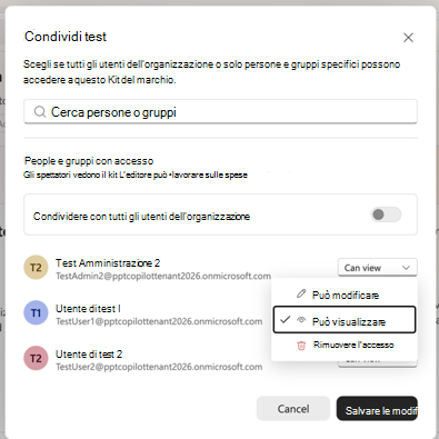 Screenshot che mostra le impostazioni di condivisione per un kit del marchio, comprese le persone, i gruppi e le autorizzazioni di visualizzazione o editor.