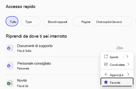 Riquadro di accesso rapido con i file recenti e un pulsante Preferiti