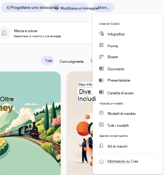screenshot dell'interfaccia utente per selezionare Altro, quindi Kit di personalizzazione nell'app Microsoft 365 Copilot