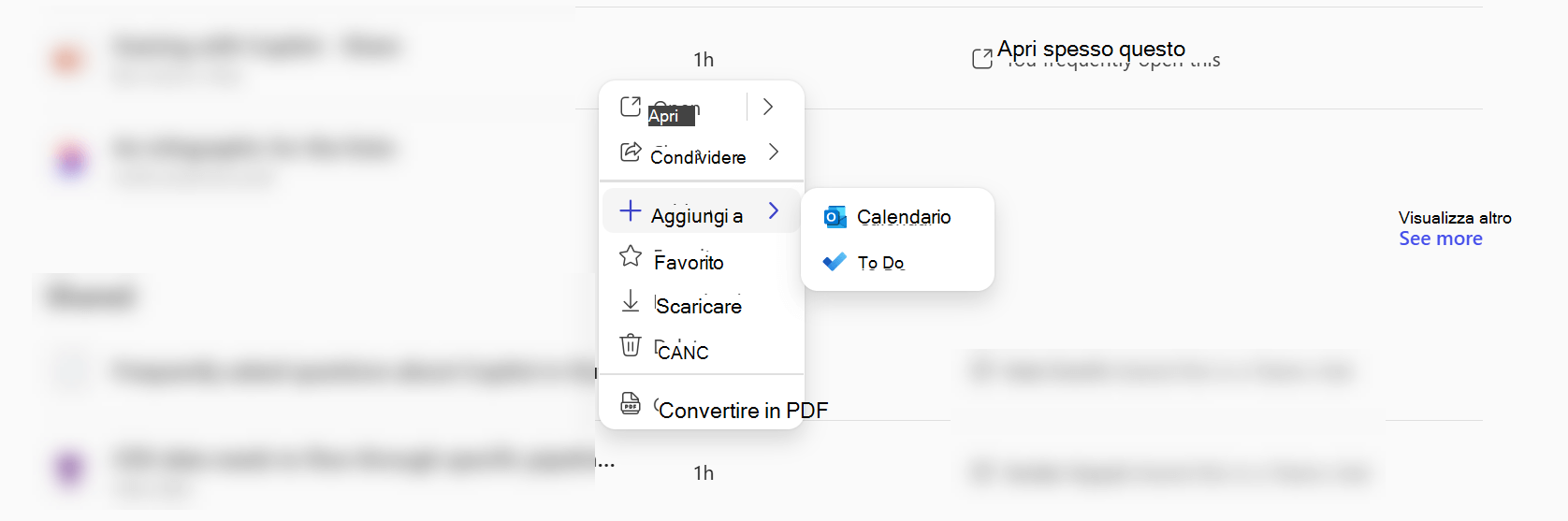 Menu di scelta rapida nell'app Microsoft 365 Copilot che mostra che è possibile aggiungere un file a Calendar o To Do.