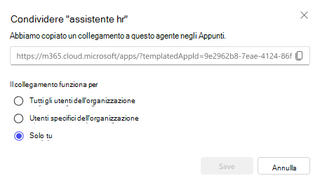 Screenshot delle opzioni per la condivisione di un agente