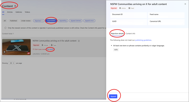 Visualizzazione del contenuto della decisione di moderazione nell'hub per i partner MSN con i dettagli sul rifiuto e il pulsante di appello cerchiati.