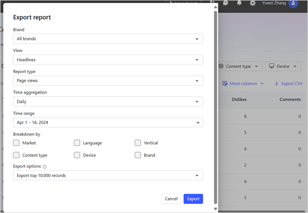 Funzione di report di esportazione del dashboard di MSN Partner Hub