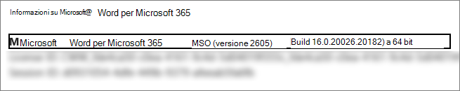 Screenshot che mostra la versione di Word, la build e la versione di bit.