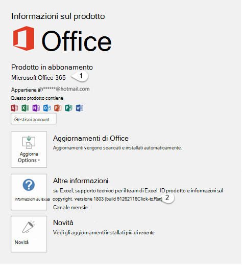 Pagina dell'account che include Informazioni sull'utente e sul prodotto