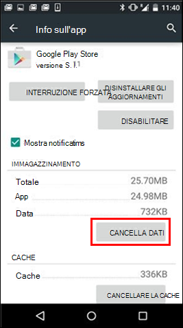 Pulsante Cancella dati