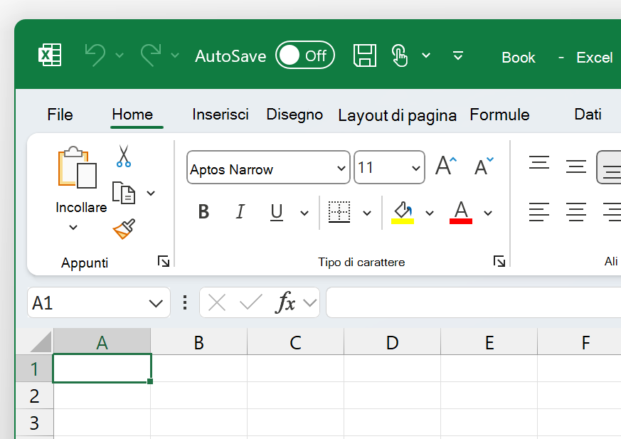 Screenshot dell'angolo in alto a sinistra di Excel nel tema A colori