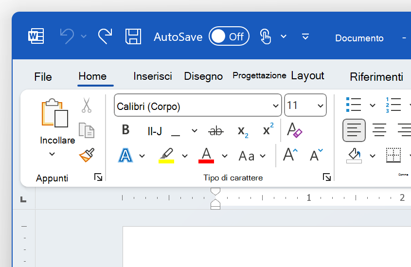 Screenshot dell'angolo in alto a sinistra di Word nel tema A colori.