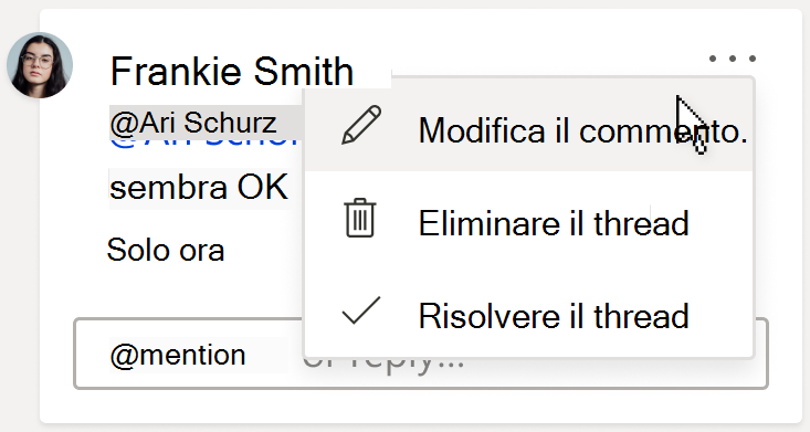Immagine di una scheda di commento che mostra l'opzione Modifica commento. L'opzione si trova nel menu a discesa Altre azioni del thread, disponibile nell'angolo in alto a destra del commento.