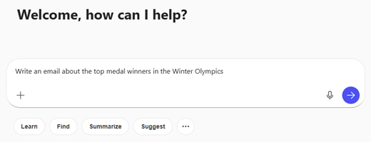 Copilot Chat messaggio di input con il testo Scrivi un messaggio di posta elettronica sui vincitori di medaglie nelle Olimpiadi invernali
