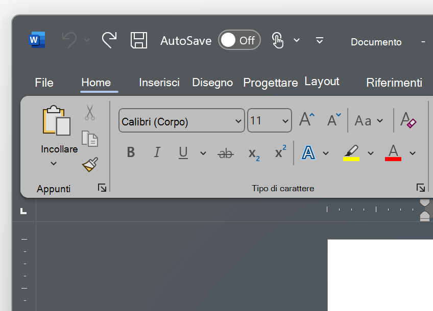 Screenshot dell'angolo in alto a sinistra di Word nel tema Grigio scuro.