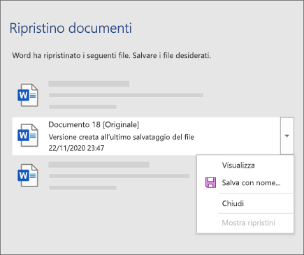 Un documento originale salvato l'ultima volta dall'utente elencato nel riquadro Ripristino documento.