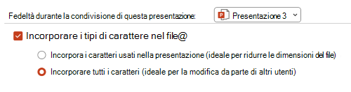 Immagine che mostra le opzioni disponibili per incorporare i tipi di carattere in una presentazione PPT.