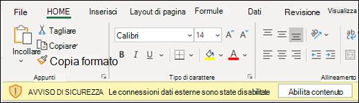 Le connessioni dati esterne sono state disabilitate - Selezionare Abilita contenuto da abilitare.
