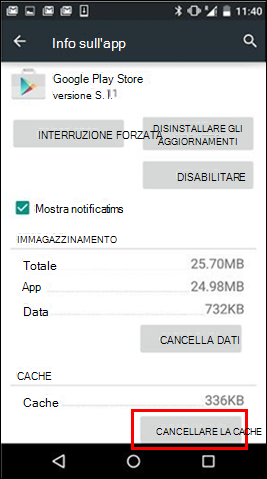 Pulsante Cancella cache