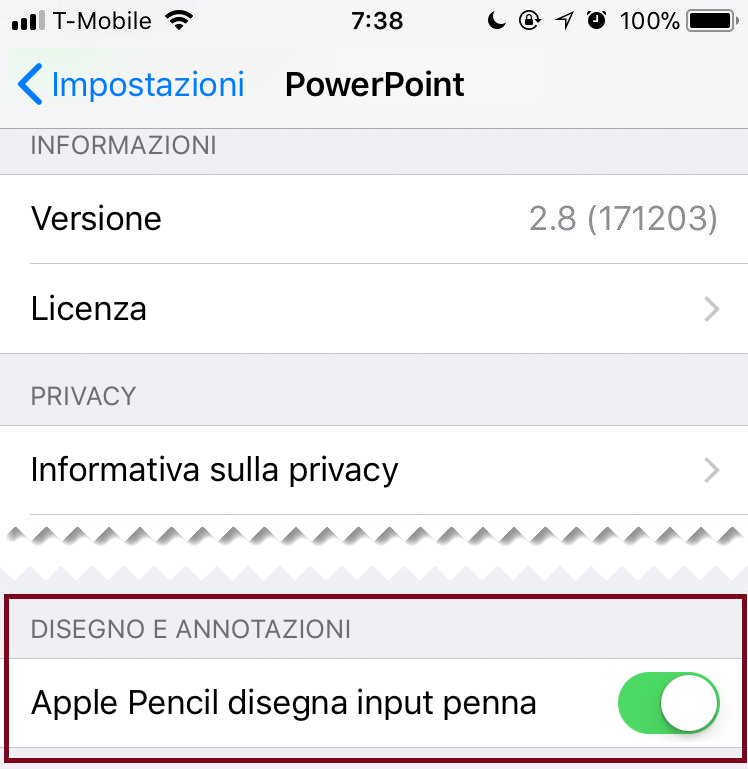 In un'applicazione Impostazioni è possibile attivare o disattivare l'input penna automatico.