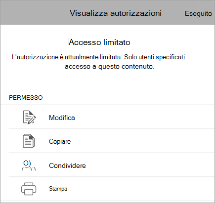 Screenshot di una finestra di dialogo che mostra i diritti IRM degli utenti.