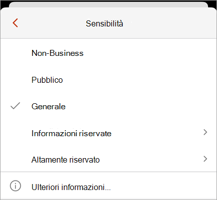 Screenshot del menu riservatezza che mostra le etichette di riservatezza disponibili.