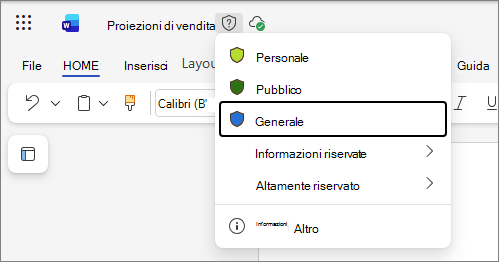 Elenco a discesa delle etichette di riservatezza in Office per il web, usando un documento di Word come esempio e nomi di etichette standard