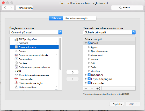 Screenshot della finestra di dialogo Personalizza barra multifunzione del Mac