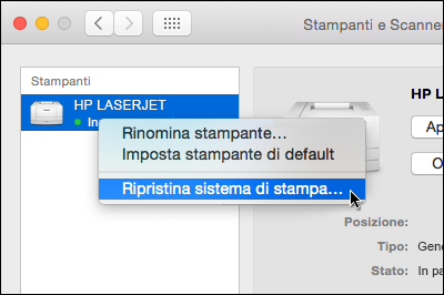 Tenendo premuto CTRL fare clic sull'elenco di stampanti per accedere al comando di reimpostazione del sistema di stampa in OSX