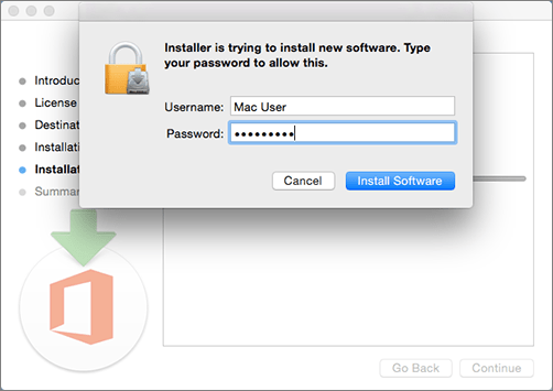 Immettere la password di amministratore per iniziare l'installazione