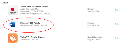 Screenshot degli abbonamenti attivi che è possibile gestire, con Microsoft 365 Family cerchiato in rosso.