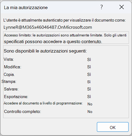 Screenshot di una finestra di dialogo che mostra le autorizzazioni utente