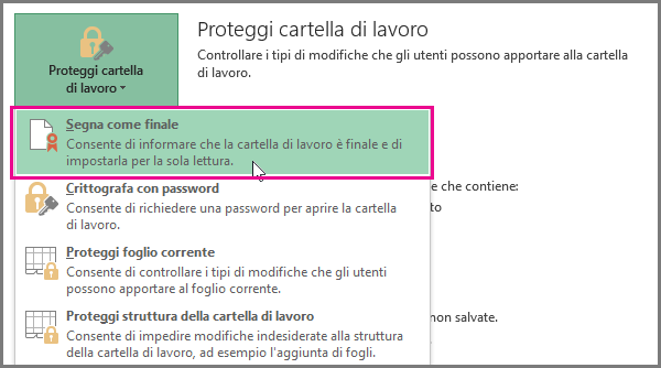 Segna come finale in Office 2016 Excel