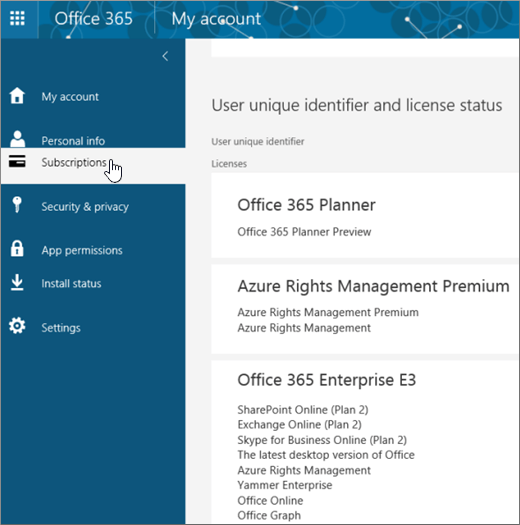 Pagina Abbonamenti a Office 365