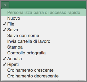 Menu Personalizza barra di accesso rapido in Office 2016 per Mac