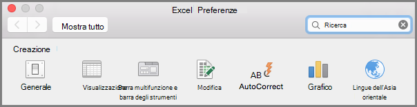 Preferenze per la barra multifunzione e la barra degli strumenti in Office 2016 per Mac