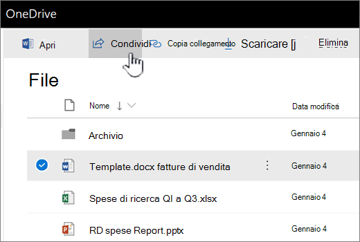 OneDrive con il file selezionato e il pulsante Condividi premuto