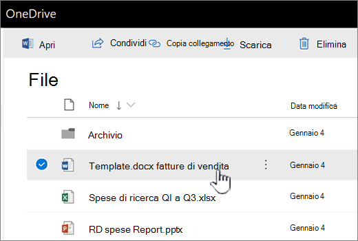OneDrive con il file selezionato