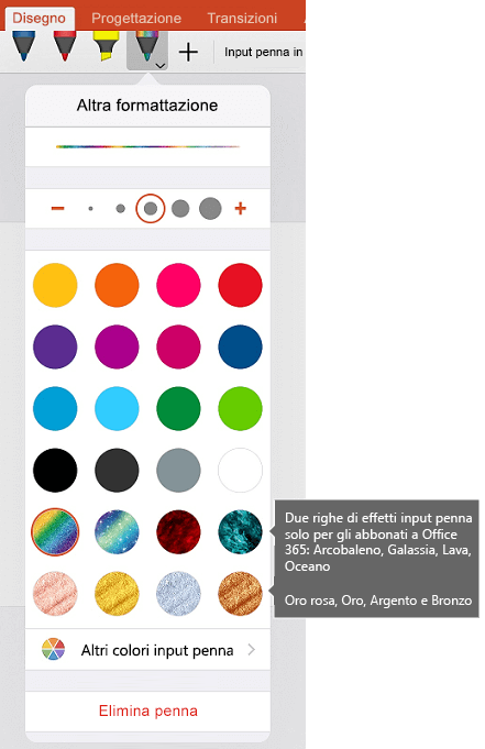 Colori ed effetti dell'input penna per disegnare con l'input penna in Office in iOS