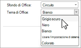 Screenshot delle selezioni del tema di Office.