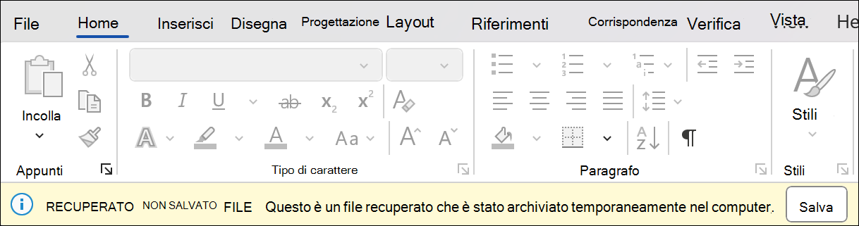 Screenshot del recupero della sessione in Word che indica Recupera il file non salvato: questo è un file recuperato che viene temporaneamente memorizzato sul computer. Accanto c'è un pulsante Salva.