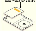 Codice Product Key situato all'interno della confezione su un'etichetta sulla scheda di fronte al supporto del disco sul lato sinistro della custodia