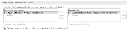 Finestra di dialogo che consente di selezionare la lingua che Office userà per i pulsanti, i menu e la Guida.